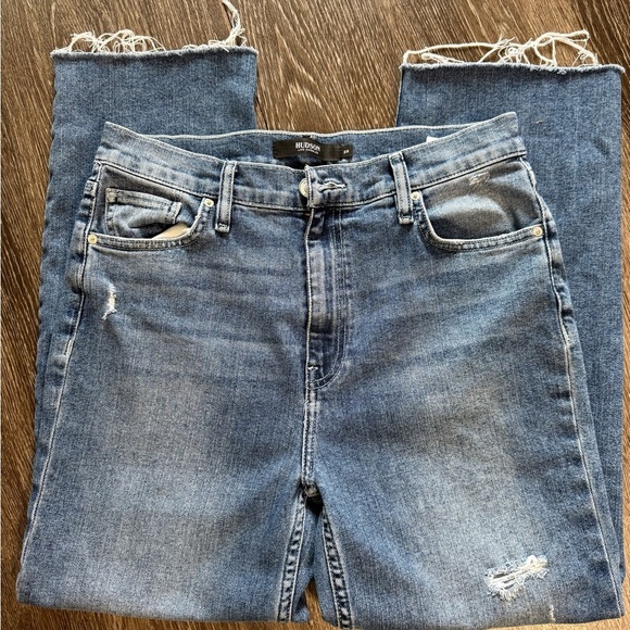Hudson Remi High Rise Straight Crop Jeans Oceanview Distressed Frayed Hem - Picture 1 of 9